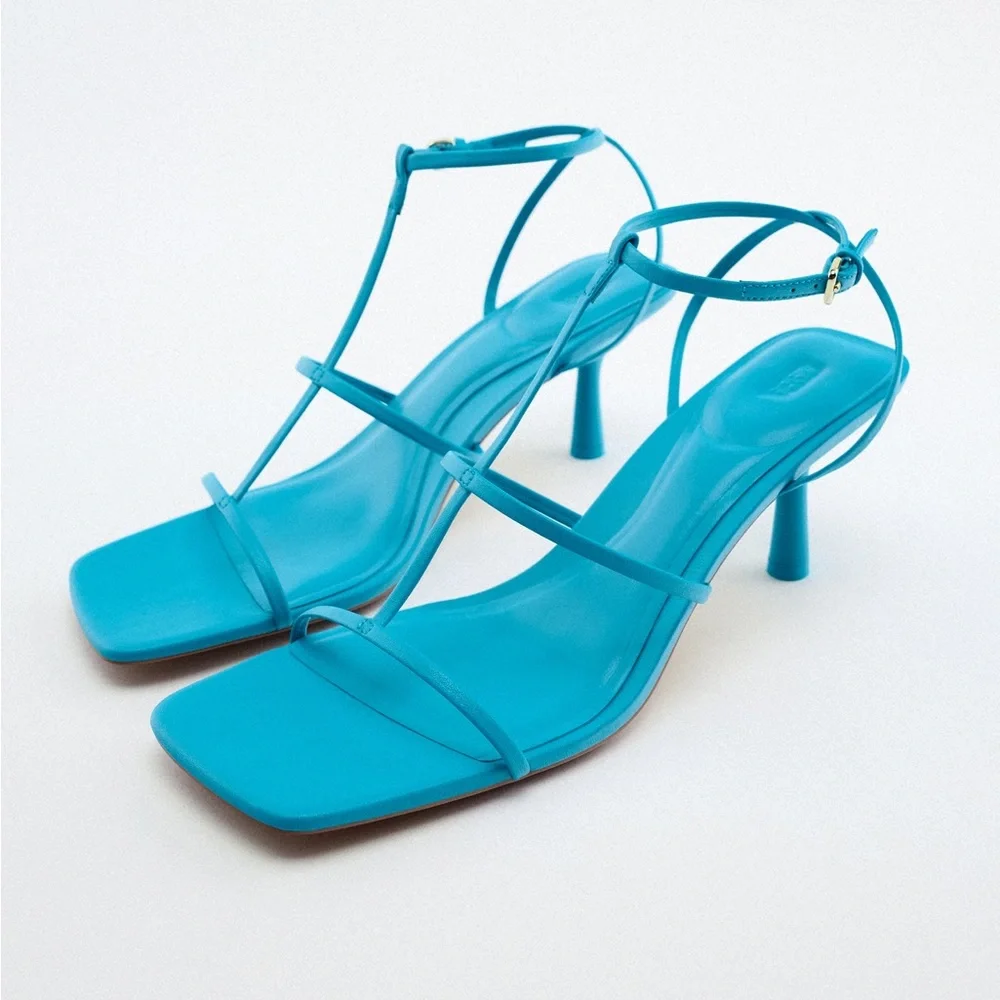 Zara strappy mid- height heeled sandals aqua blue NWT